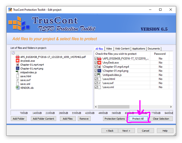 Add files to your project & select files to protect all