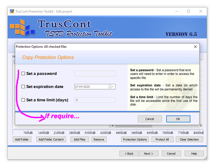 Copy protection options Set a password, Set a expiration date, Set a time limit