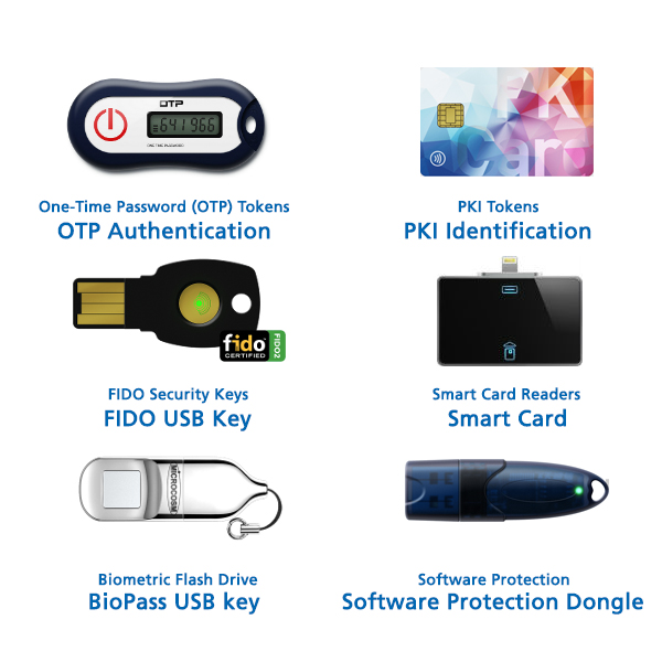 IT Security Hardware - OTP Authentication, One-Time Password (OTP) Tokens, PKI Identification, PKI Tokens, FIDO USB Key, FIDO Security Keys, Smart Card, Smart Card Readers, Biometric Flash Drive, BioPass USB key, Software Protection, Software Protection Dongle and Cyber Security Hardware